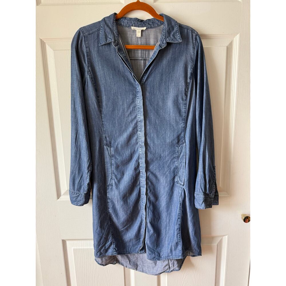 Eileen Fisher Chambray Denim Tencel Button Up Shirt‎ Dress Size Small Coastal